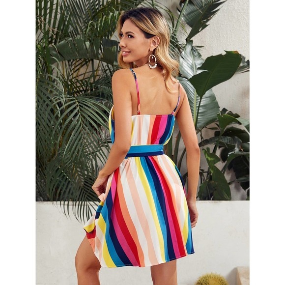 rainbow surplice Belted colorful Striped Dress - Picture 2 of 5